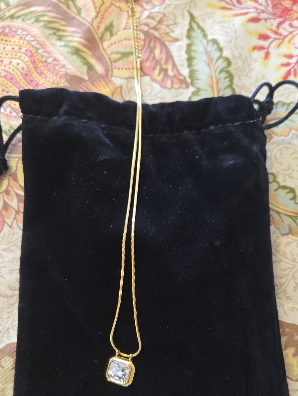 Gold Tone Pendant Necklace with Square Clear Stone